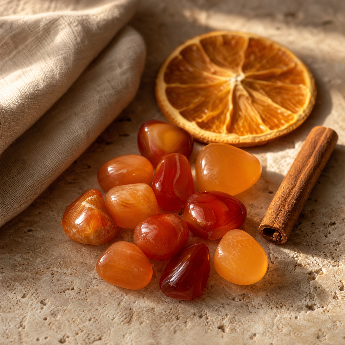 Cornaline et calcite orange avec tranche d'orange séchée, pierres du chakra sacral, sur travertin