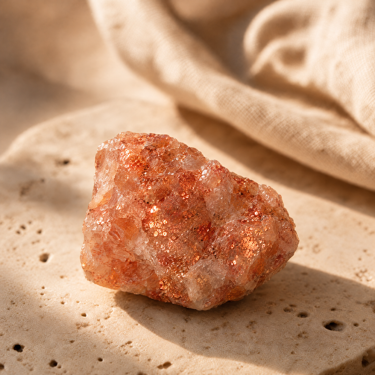 Pierre de soleil brute orangée aux paillettes cuivrées, en gros plan sur travertin