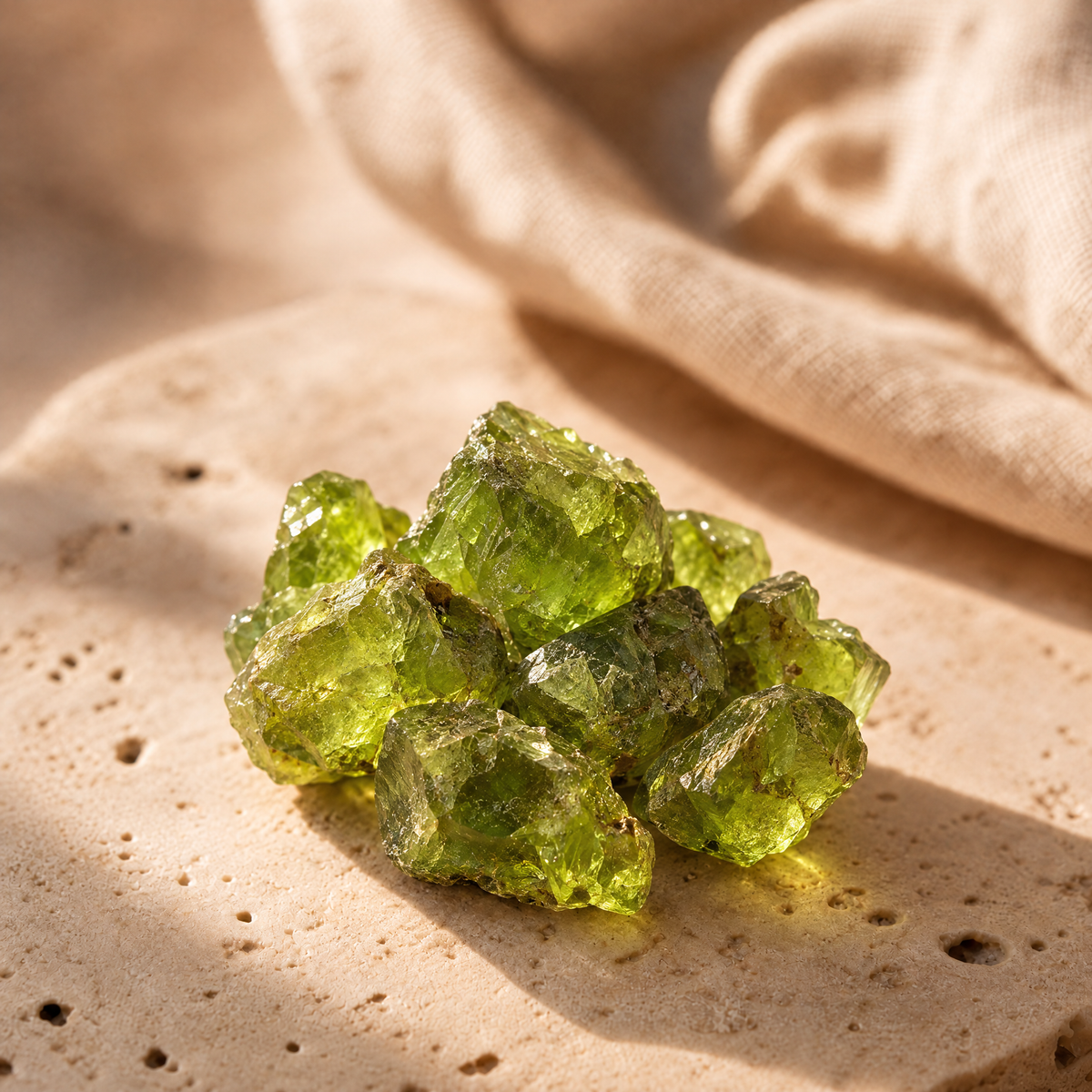 Cristaux de péridot brut vert olive, en gros plan sur travertin