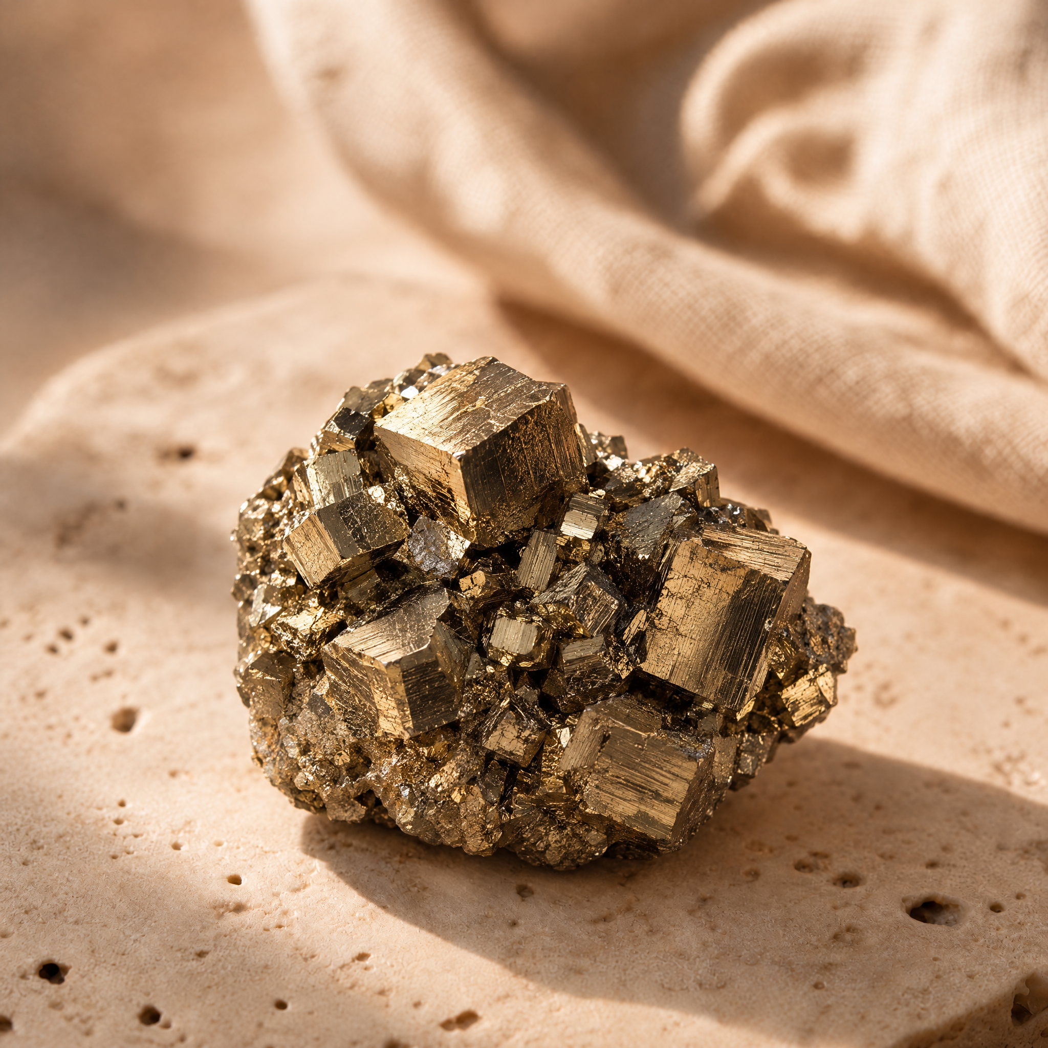 Amas de pyrite brute aux cristaux cubiques dorés, en gros plan sur travertin
