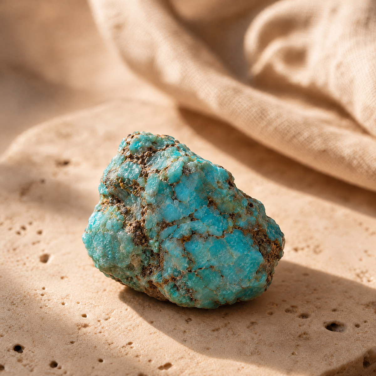 Pépite de turquoise brute bleu ciel veinée de brun, en gros plan sur travertin