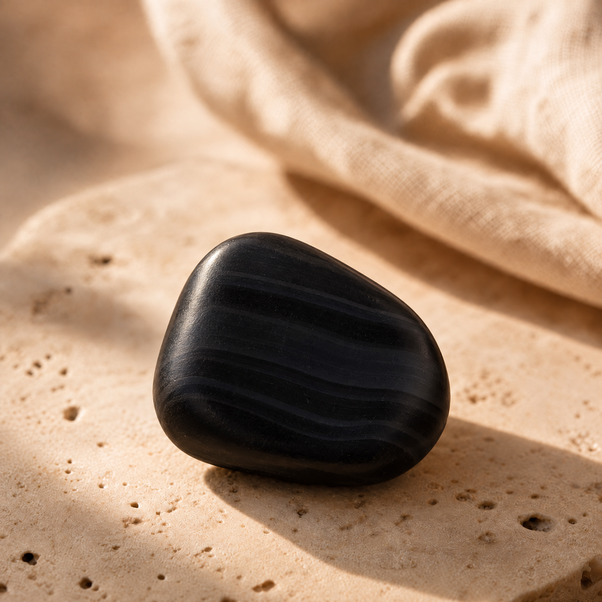 Galet d'onyx noir au lustre satiné, en gros plan sur travertin