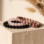 Trio de Bracelets "Paix et Equilibre" en Onyx, Quartz Rose & Rhodonite - - L'Arbre des Chakras