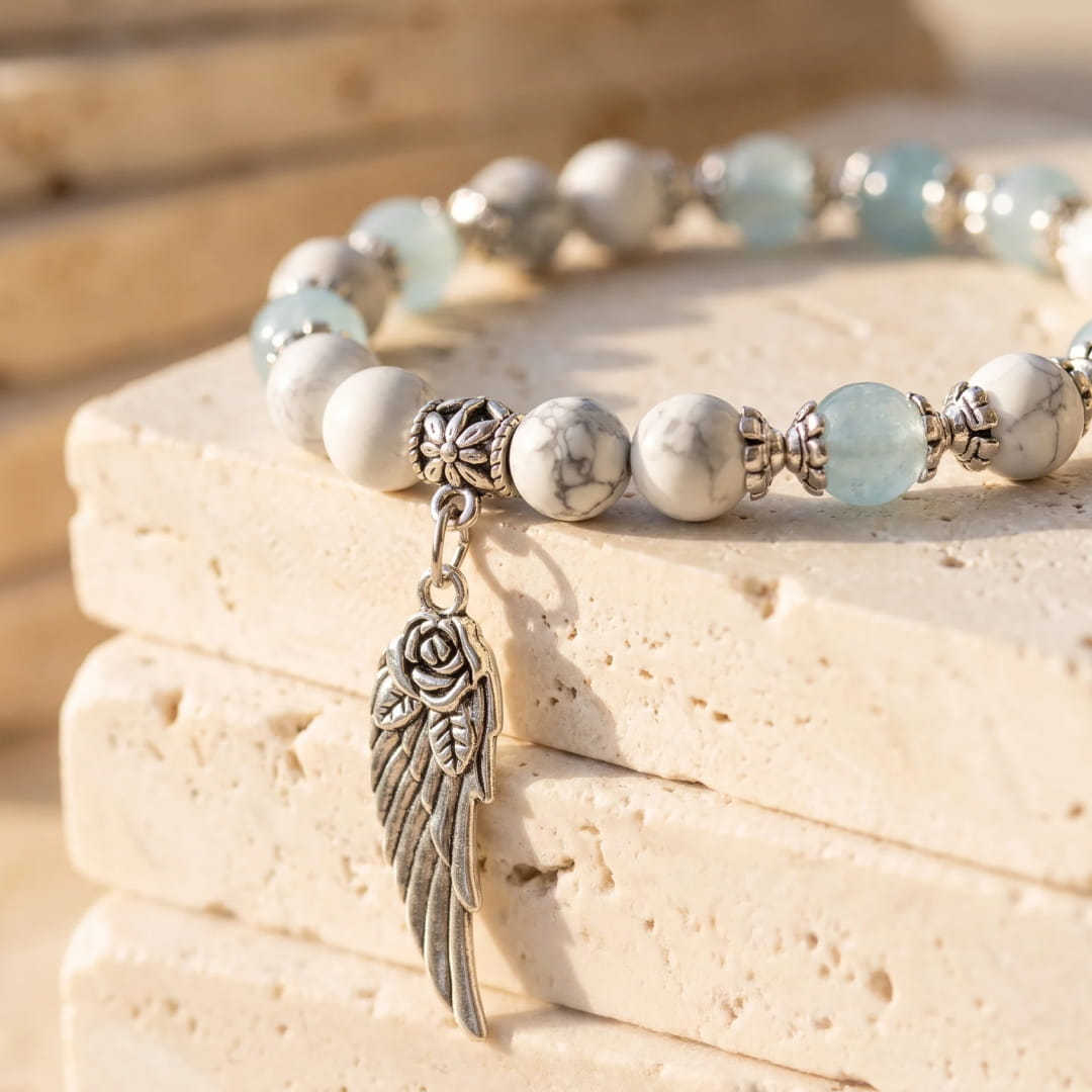 Bracelet "Plume Légère" en Howlite & Aigue-Marine - - L'Arbre des Chakras