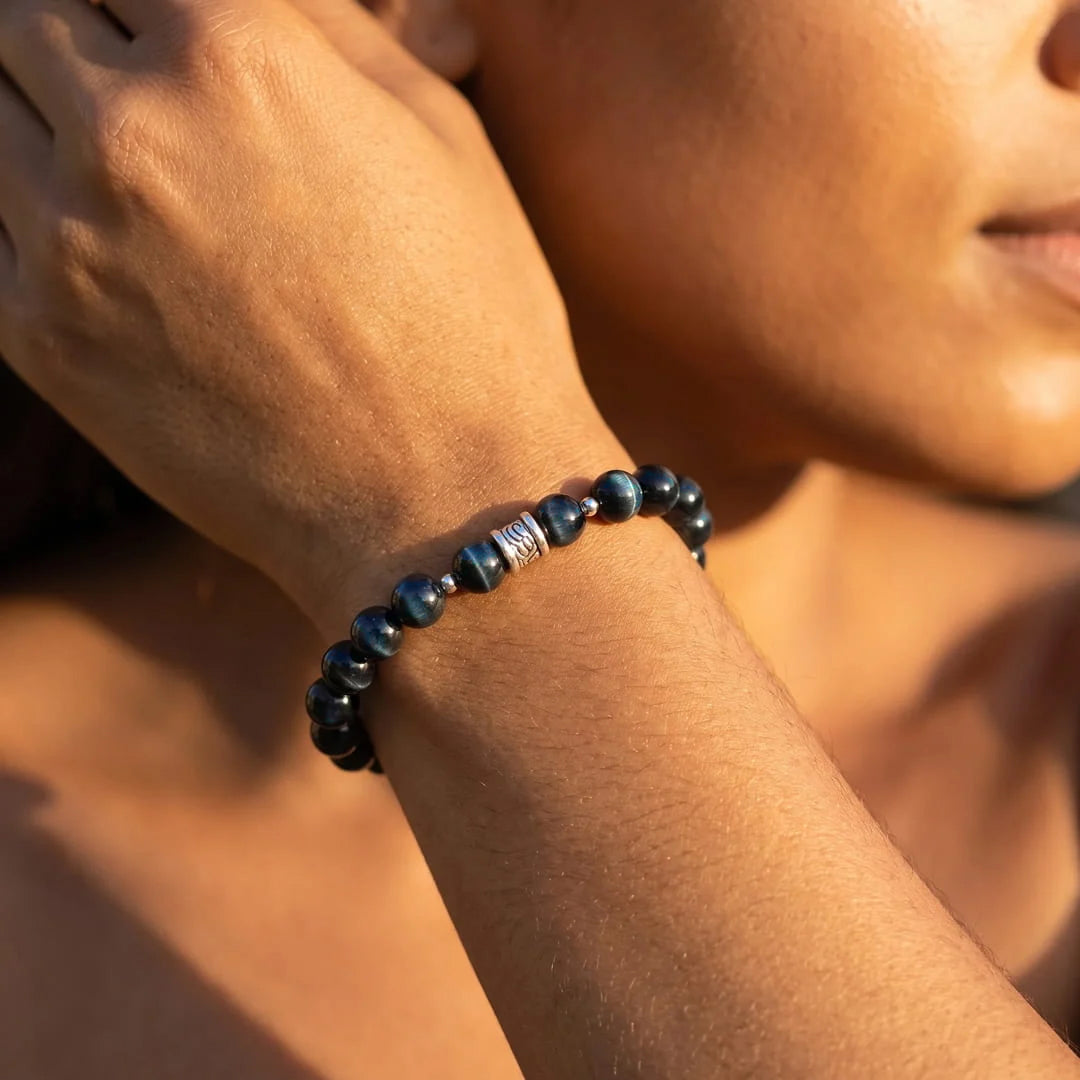 Bracelet "Veilleur Bleu" en Œil de Faucon - - L'Arbre des Chakras