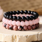 Trio de Bracelets "Paix et Equilibre" en Onyx, Quartz Rose & Rhodonite - - L'Arbre des Chakras