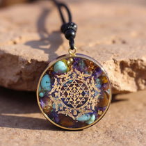 Pendentif Orgonite "Géométrie d’Or" en Turquoise & Œil de Tigre - - L'Arbre des Chakras